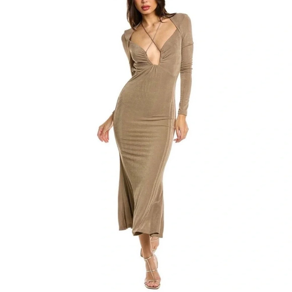 Jason Wu Engracia Long Sleeve Backless Plunge Midi Dress Tan Size Medium Sexy - Picture 13 of 14